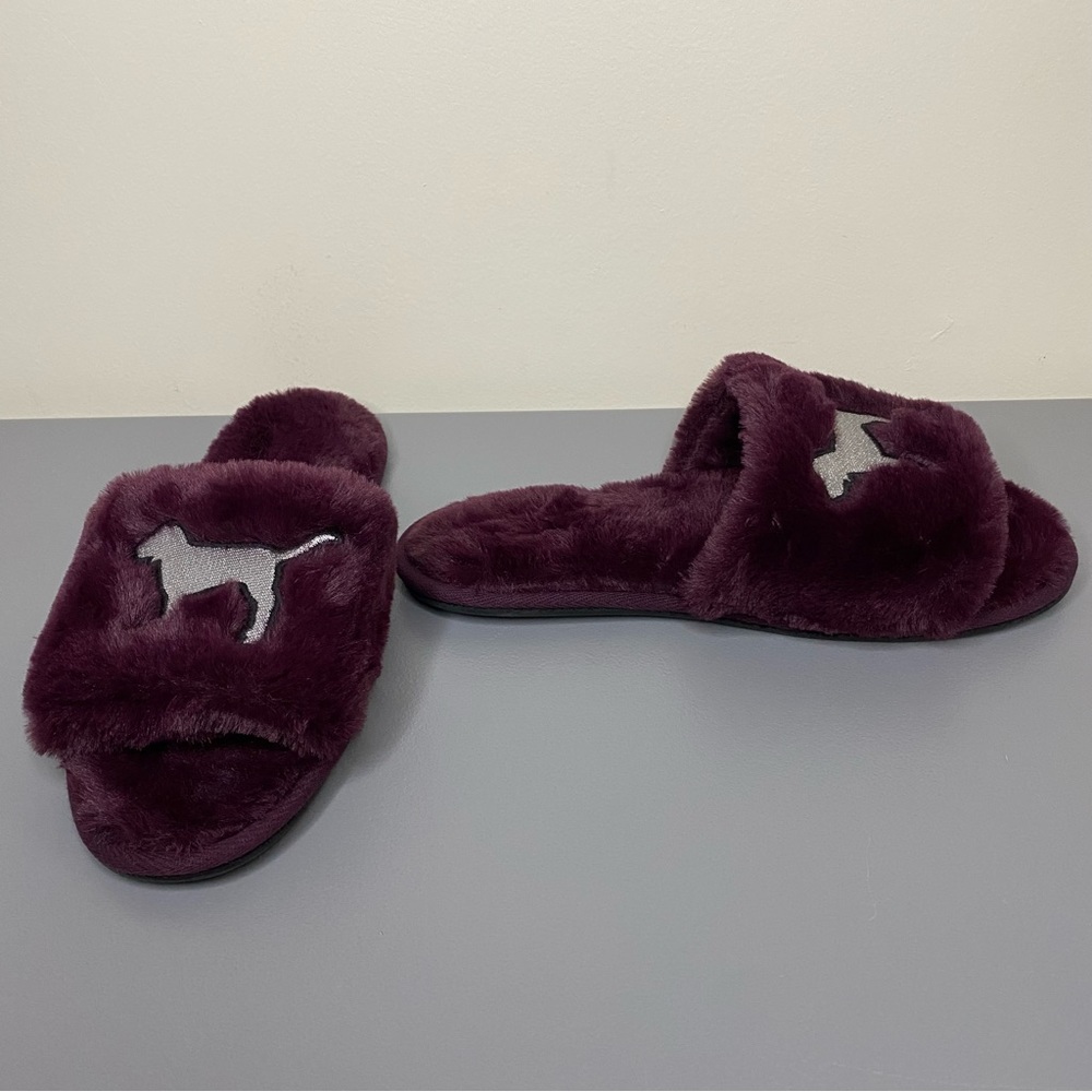 Pink Victorias Secret Slippers Purple Fuzzy Slides Silver Dog Logo Medium SZ 7-8